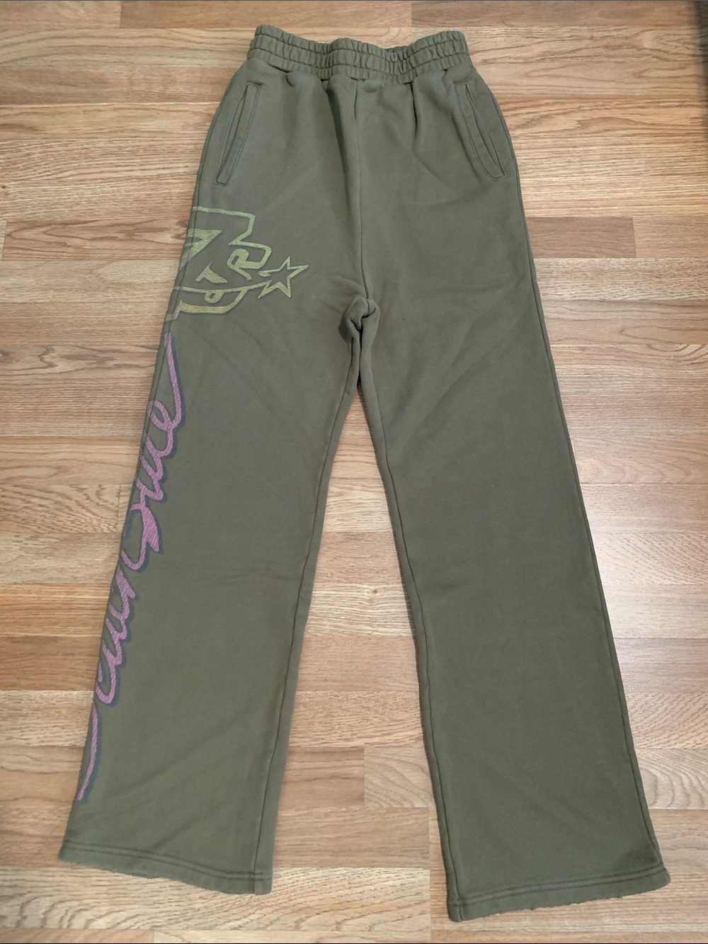 Triple 7 Olive Green Sweatpants with Pink & Yellow Graphics